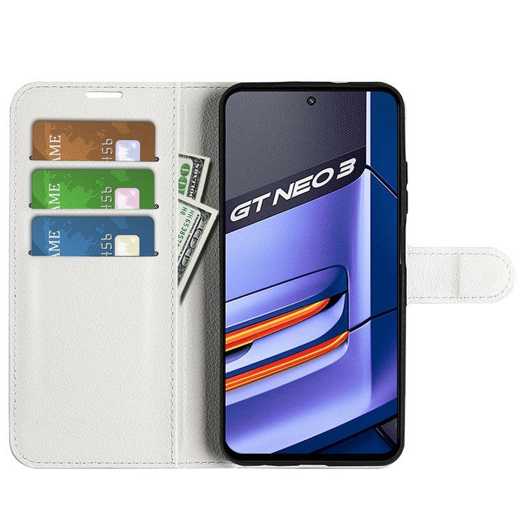 For Realme GT Neo3 Litchi Texture Shockproof Phone Case TPU + PU Leather Stand Wallet Cover - White