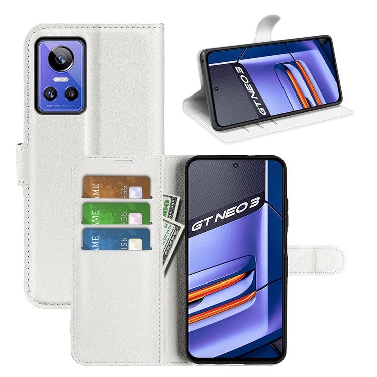 For Realme GT Neo3 Litchi Texture Shockproof Phone Case TPU + PU Leather Stand Wallet Cover - White
