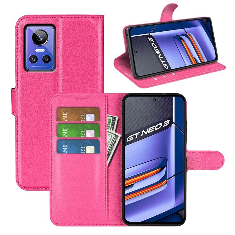 For Realme GT Neo3 Litchi Texture Shockproof Phone Case TPU + PU Leather Stand Wallet Cover - Rose