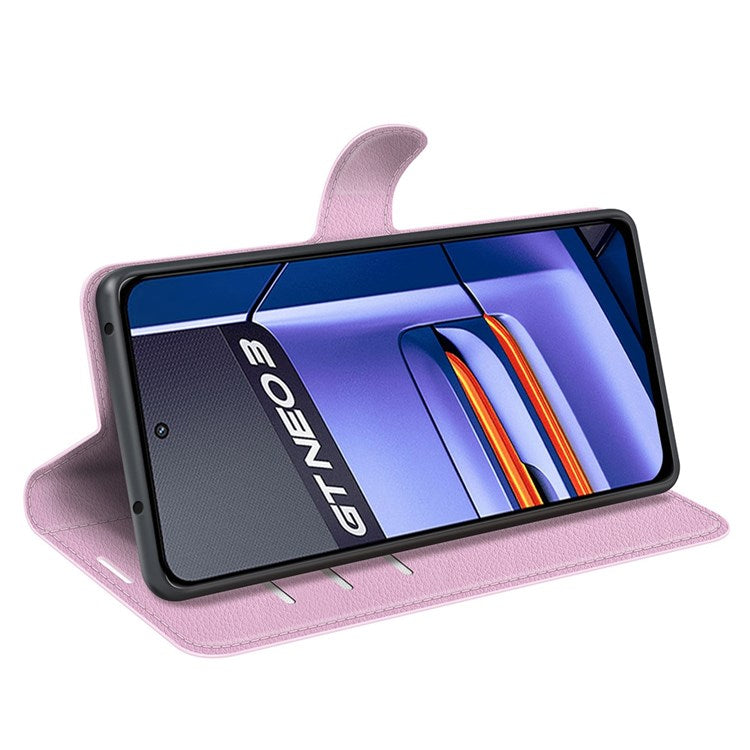 For Realme GT Neo3 Litchi Texture Shockproof Phone Case TPU + PU Leather Stand Wallet Cover - Pink