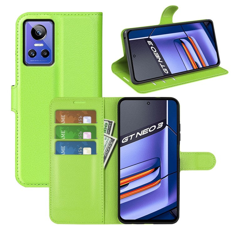 For Realme GT Neo3 Litchi Texture Shockproof Phone Case TPU + PU Leather Stand Wallet Cover - Green