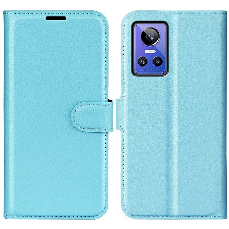 For Realme GT Neo3 Litchi Texture Shockproof Phone Case TPU + PU Leather Stand Wallet Cover - Blue