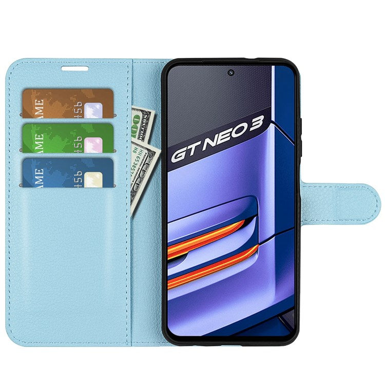 For Realme GT Neo3 Litchi Texture Shockproof Phone Case TPU + PU Leather Stand Wallet Cover - Blue