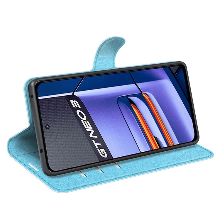 For Realme GT Neo3 Litchi Texture Shockproof Phone Case TPU + PU Leather Stand Wallet Cover - Blue
