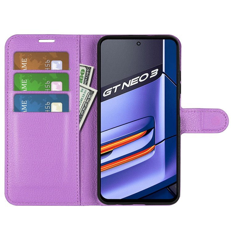 For Realme GT Neo3 Litchi Texture Shockproof Phone Case TPU + PU Leather Stand Wallet Cover - Purple
