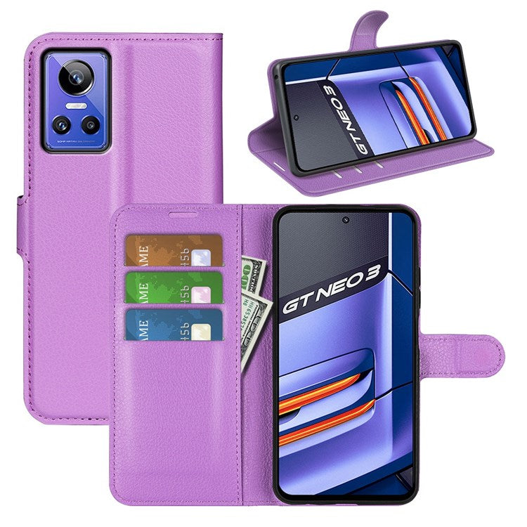 For Realme GT Neo3 Litchi Texture Shockproof Phone Case TPU + PU Leather Stand Wallet Cover - Purple