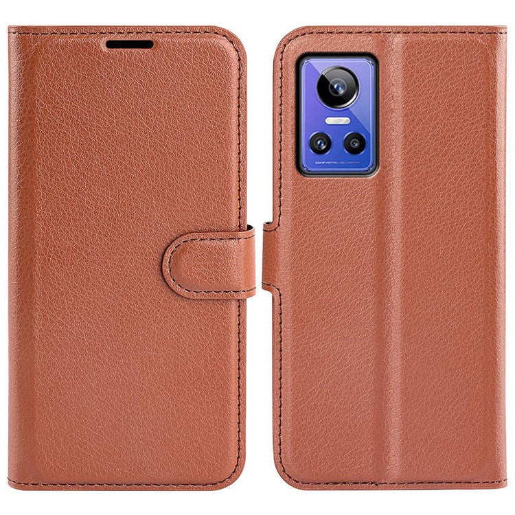 For Realme GT Neo3 Litchi Texture Shockproof Phone Case TPU + PU Leather Stand Wallet Cover - Brown