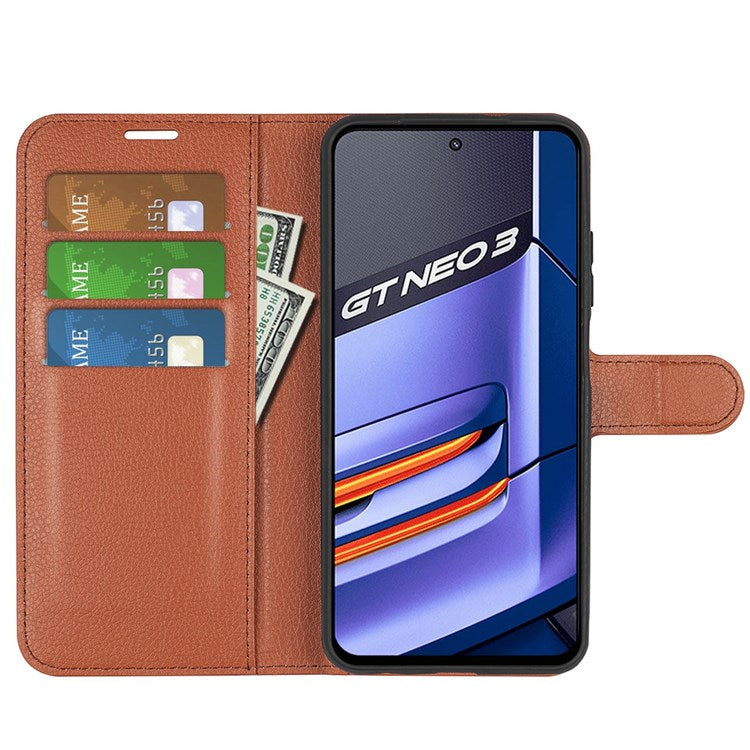 For Realme GT Neo3 Litchi Texture Shockproof Phone Case TPU + PU Leather Stand Wallet Cover - Brown