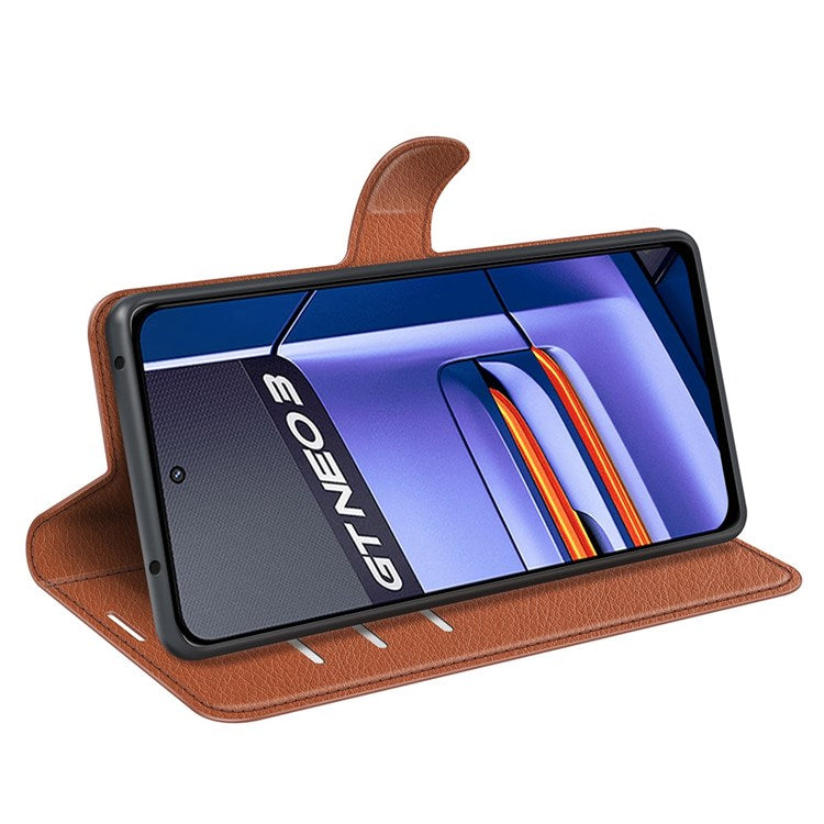 For Realme GT Neo3 Litchi Texture Shockproof Phone Case TPU + PU Leather Stand Wallet Cover - Brown