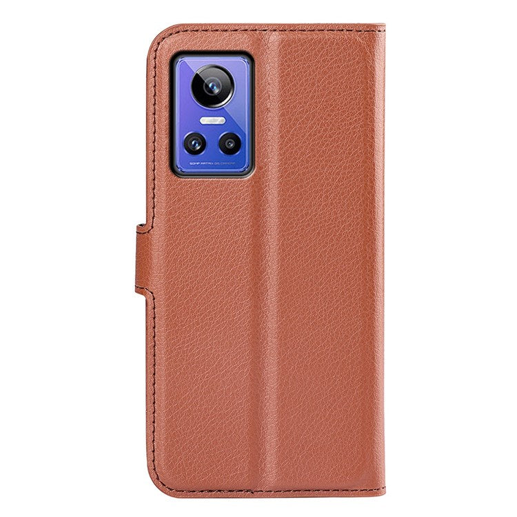 For Realme GT Neo3 Litchi Texture Shockproof Phone Case TPU + PU Leather Stand Wallet Cover - Brown