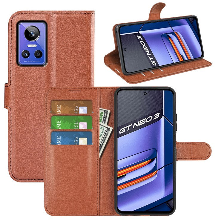 For Realme GT Neo3 Litchi Texture Shockproof Phone Case TPU + PU Leather Stand Wallet Cover - Brown