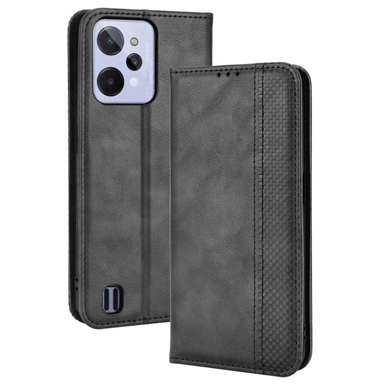 For Realme C31 Mosaic Imprinted Retro Texture PU Leather Phone Case Magnet Auto Closure Wallet Stand Cover - Black
