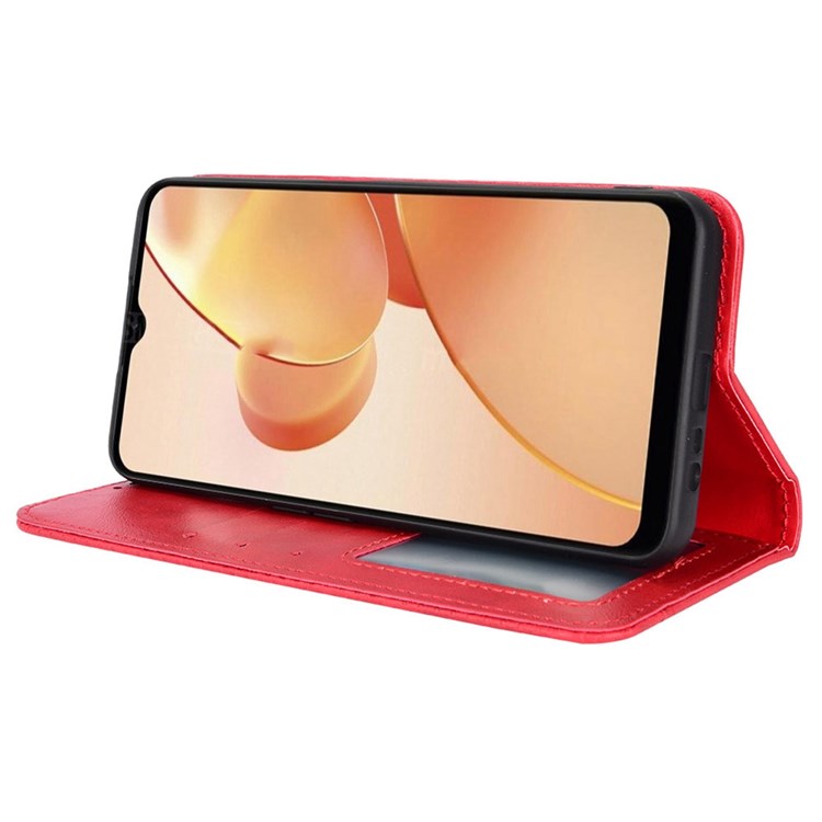 For Realme C31 Mosaic Imprinted Retro Texture PU Leather Phone Case Magnet Auto Closure Wallet Stand Cover - Red