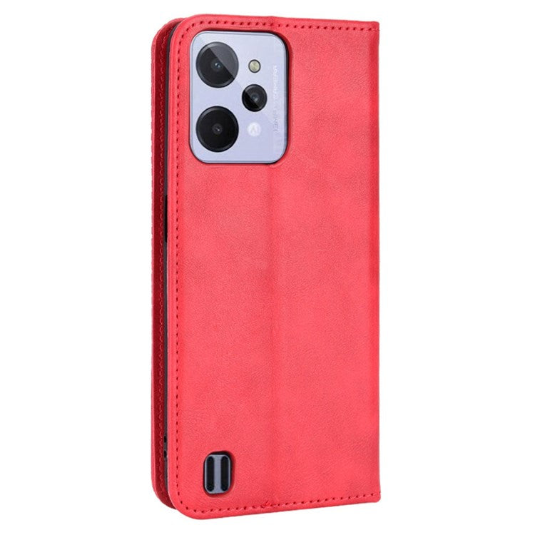 For Realme C31 Mosaic Imprinted Retro Texture PU Leather Phone Case Magnet Auto Closure Wallet Stand Cover - Red