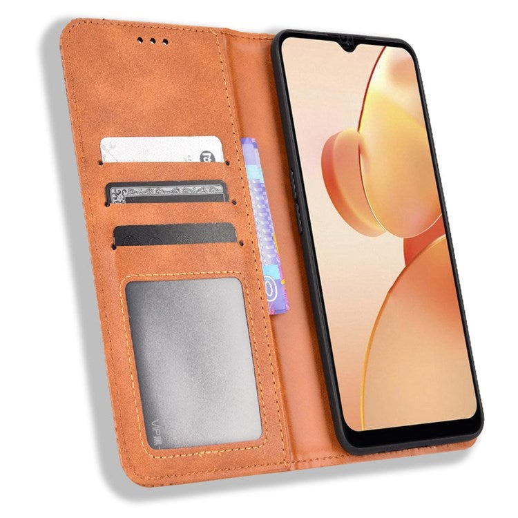 For Realme C31 Mosaic Imprinted Retro Texture PU Leather Phone Case Magnet Auto Closure Wallet Stand Cover - Brown