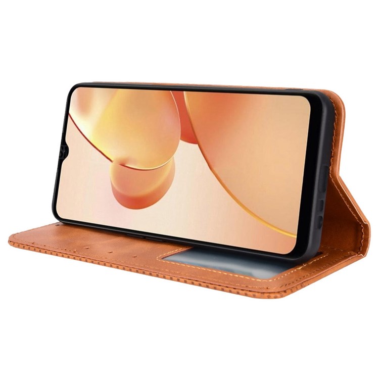 For Realme C31 Mosaic Imprinted Retro Texture PU Leather Phone Case Magnet Auto Closure Wallet Stand Cover - Brown