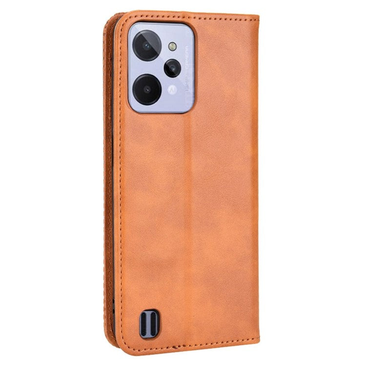 For Realme C31 Mosaic Imprinted Retro Texture PU Leather Phone Case Magnet Auto Closure Wallet Stand Cover - Brown