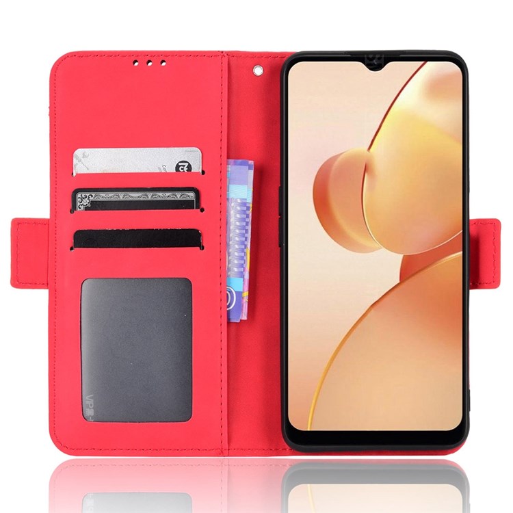 For Realme C31 Multiple Card Slots PU Leather Stand Case Shockproof Folio Flip Wallet Protective Cover - Red