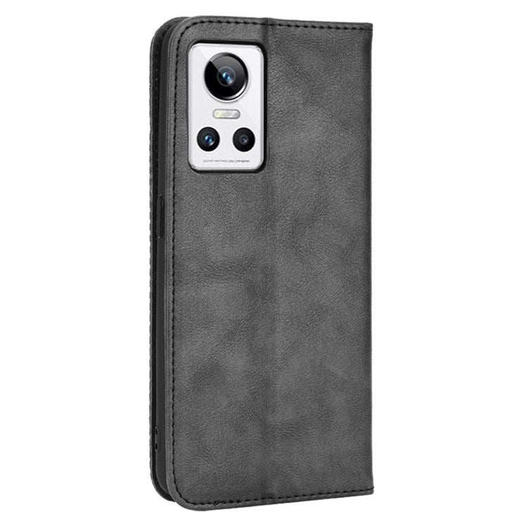 For Realme GT Neo3 Magnetic Auto-absorbed Retro Texture PU Leather Case Mosaic Imprinted Wallet Stand Shell - Black