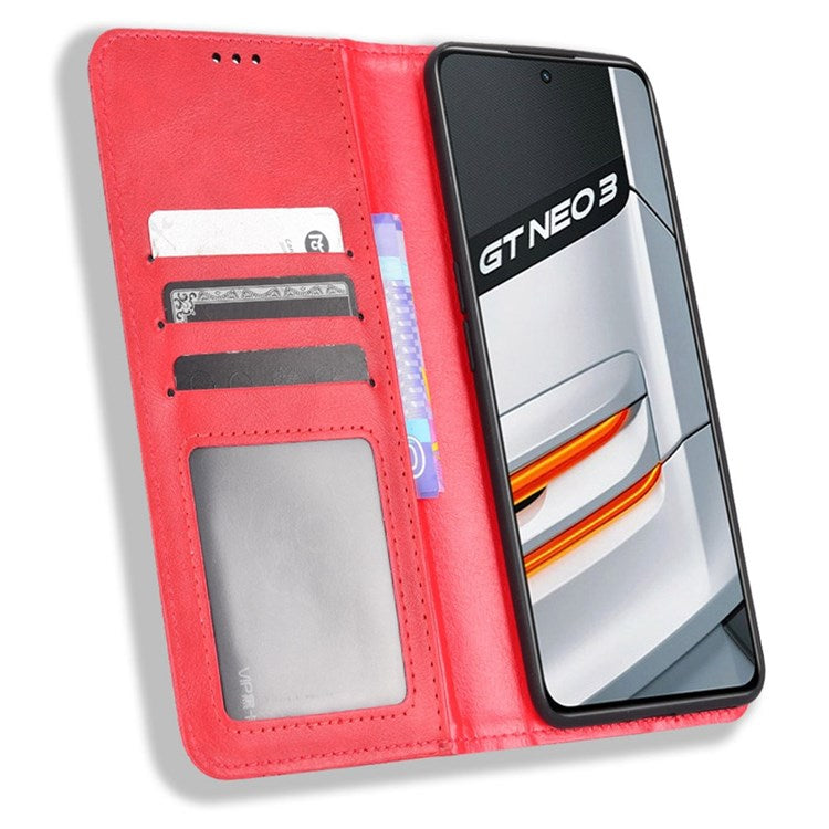 For Realme GT Neo3 Magnetic Auto-absorbed Retro Texture PU Leather Case Mosaic Imprinted Wallet Stand Shell - Red