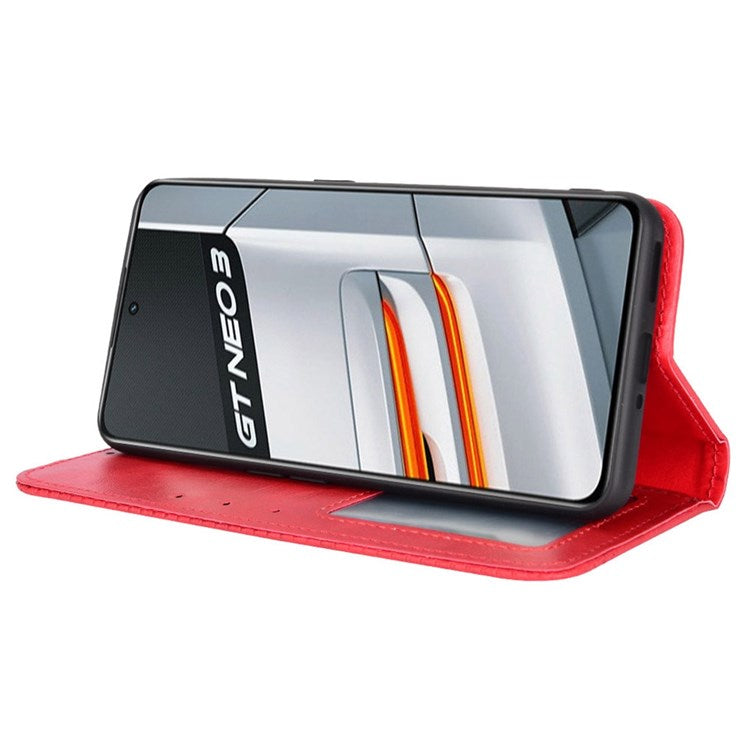 For Realme GT Neo3 Magnetic Auto-absorbed Retro Texture PU Leather Case Mosaic Imprinted Wallet Stand Shell - Red