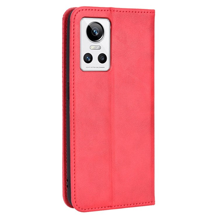 For Realme GT Neo3 Magnetic Auto-absorbed Retro Texture PU Leather Case Mosaic Imprinted Wallet Stand Shell - Red