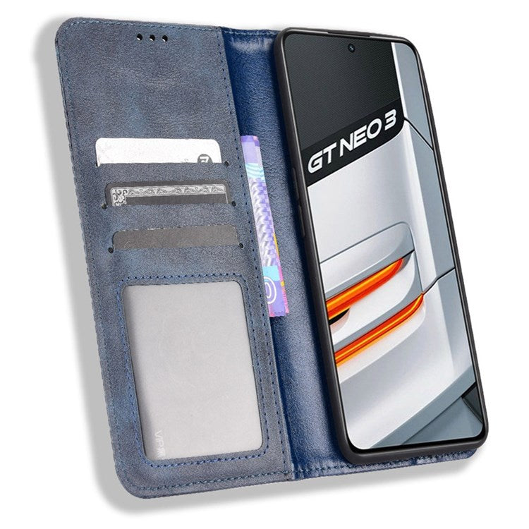 For Realme GT Neo3 Magnetic Auto-absorbed Retro Texture PU Leather Case Mosaic Imprinted Wallet Stand Shell - Blue