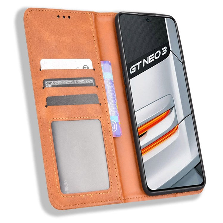 For Realme GT Neo3 Magnetic Auto-absorbed Retro Texture PU Leather Case Mosaic Imprinted Wallet Stand Shell - Brown