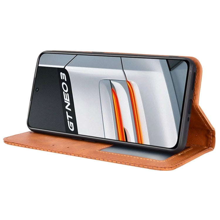 For Realme GT Neo3 Magnetic Auto-absorbed Retro Texture PU Leather Case Mosaic Imprinted Wallet Stand Shell - Brown