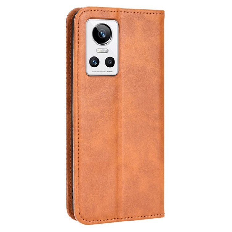 For Realme GT Neo3 Magnetic Auto-absorbed Retro Texture PU Leather Case Mosaic Imprinted Wallet Stand Shell - Brown