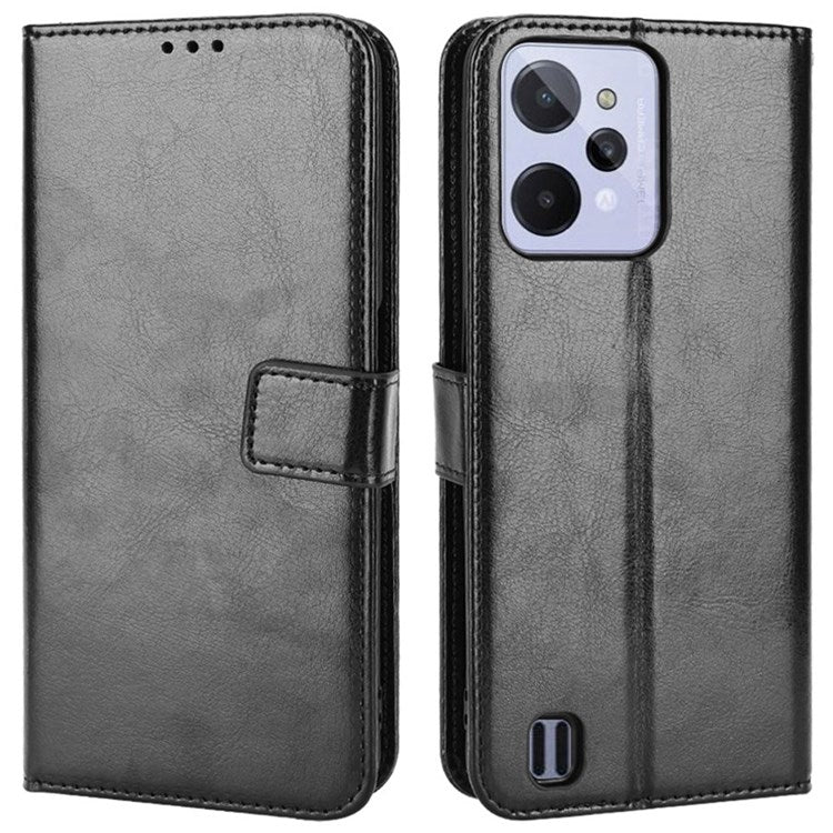 For Realme C31 PU Leather Viewing Stand Wallet Case Crazy Horse Texture Phone Shell - Black