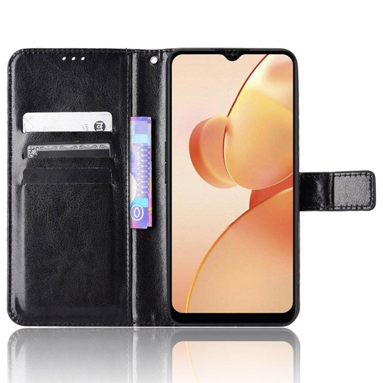 For Realme C31 PU Leather Viewing Stand Wallet Case Crazy Horse Texture Phone Shell - Black
