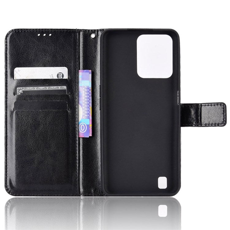 For Realme C31 PU Leather Viewing Stand Wallet Case Crazy Horse Texture Phone Shell - Black