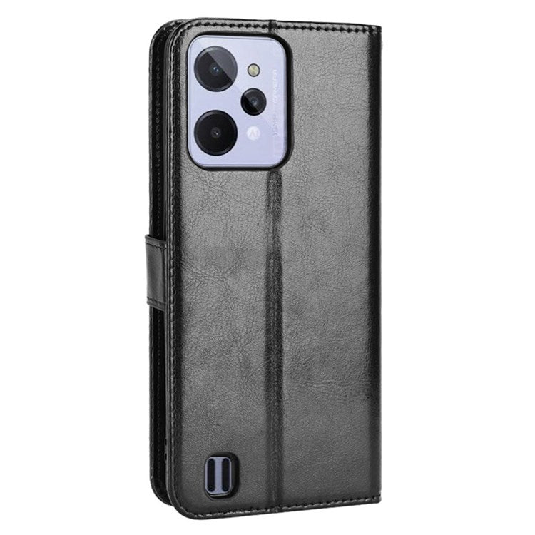 For Realme C31 PU Leather Viewing Stand Wallet Case Crazy Horse Texture Phone Shell - Black