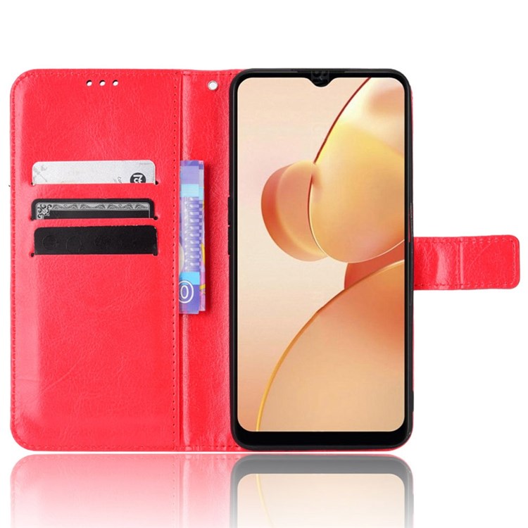 For Realme C31 PU Leather Viewing Stand Wallet Case Crazy Horse Texture Phone Shell - Red