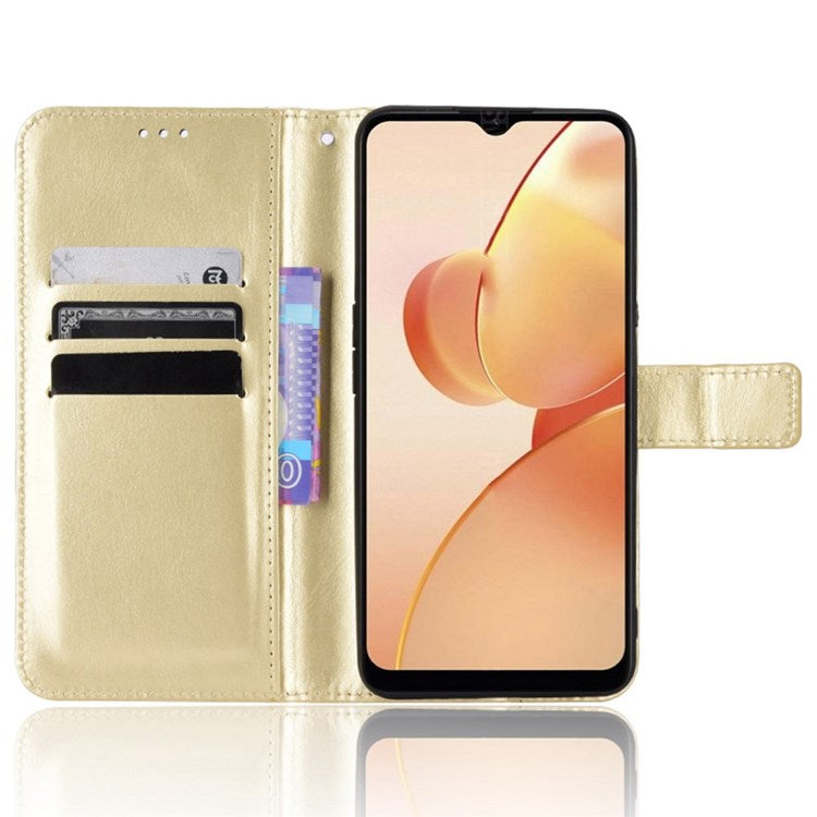 For Realme C31 PU Leather Viewing Stand Wallet Case Crazy Horse Texture Phone Shell - Gold