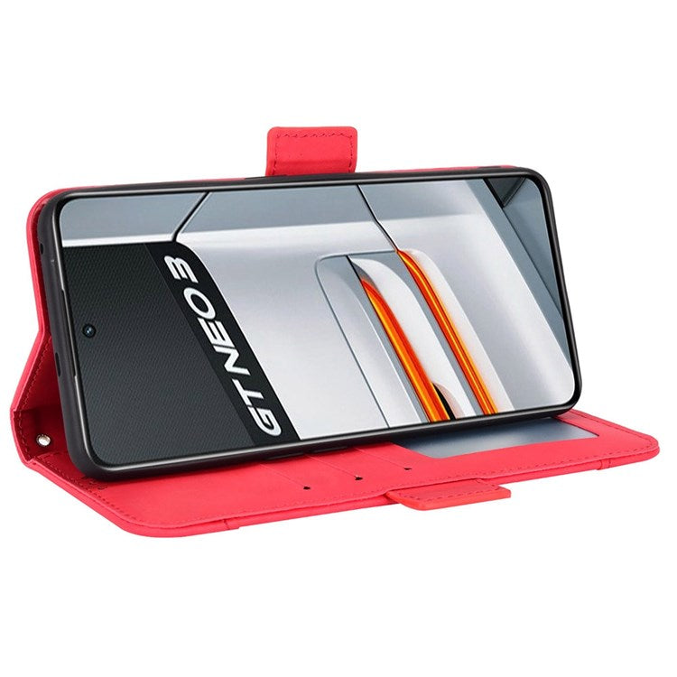 For Realme GT Neo3 Multiple Card Slots PU Leather Anti-scratch Wallet Case Mobile Phone Stand Cover - Red