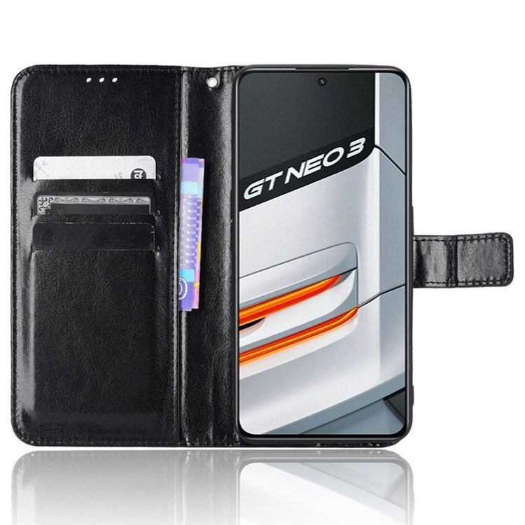 Crazy Horse Texture Phone Case for Realme GT Neo3, PU Leather + TPU Stand Wallet Cellphone Cover - Black