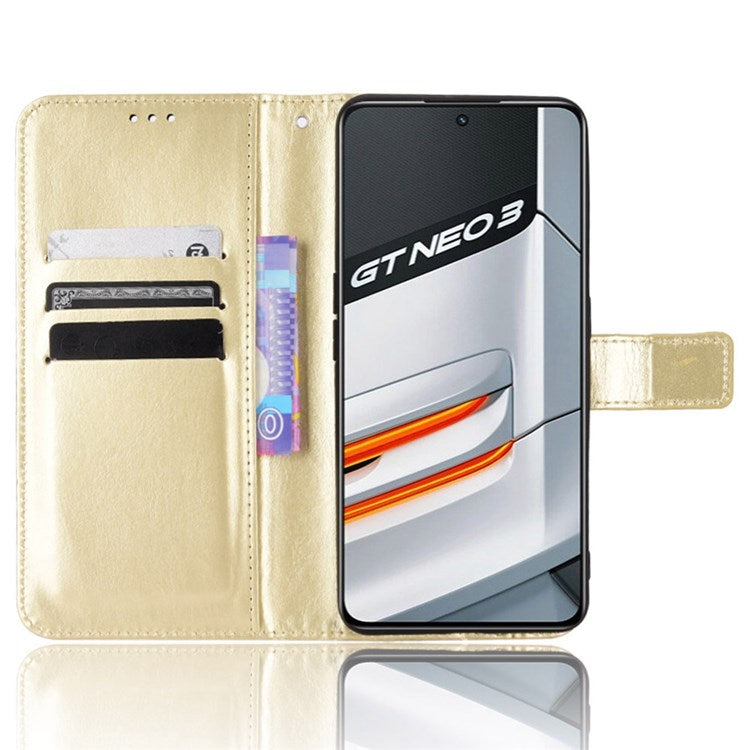 Crazy Horse Texture Phone Case for Realme GT Neo3, PU Leather + TPU Stand Wallet Cellphone Cover - Gold
