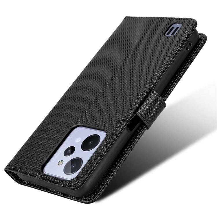 For Realme C31 Wallet PU Leather Shockproof Phone Case Diamond Texture Adjustable Stand Cover - Black