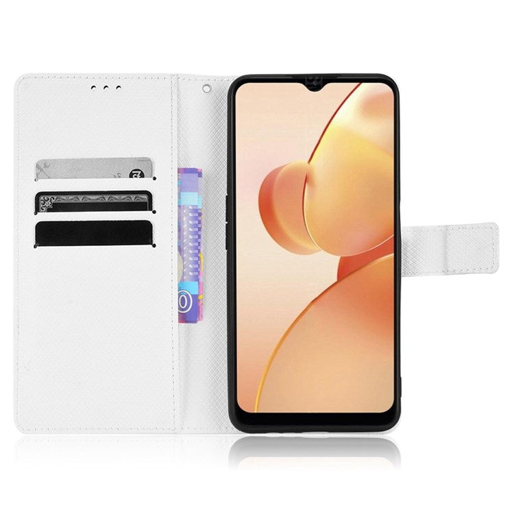 For Realme C31 Wallet PU Leather Shockproof Phone Case Diamond Texture Adjustable Stand Cover - White