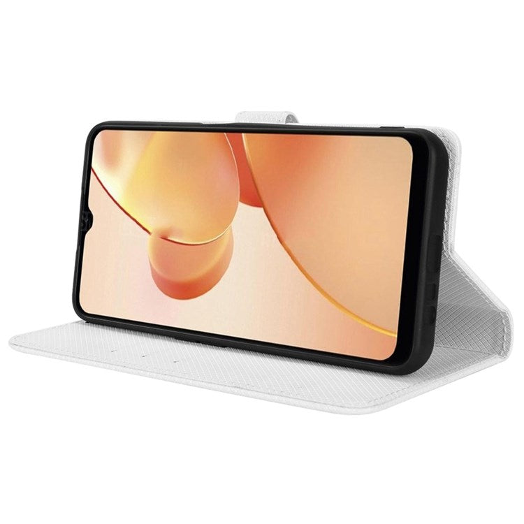 For Realme C31 Wallet PU Leather Shockproof Phone Case Diamond Texture Adjustable Stand Cover - White