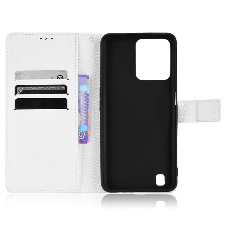 For Realme C31 Wallet PU Leather Shockproof Phone Case Diamond Texture Adjustable Stand Cover - White