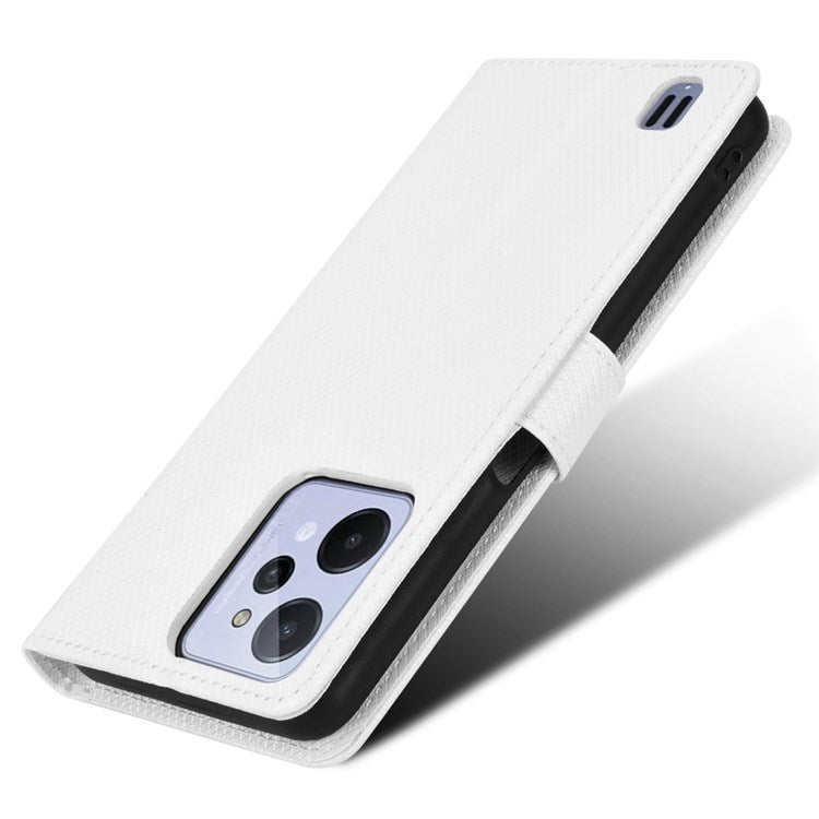 For Realme C31 Wallet PU Leather Shockproof Phone Case Diamond Texture Adjustable Stand Cover - White