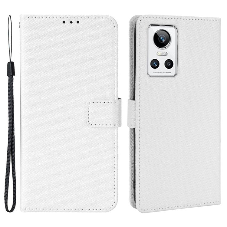For Realme GT Neo3 Wallet Leather Case Diamond Texture Stand Magnetic Clasp Phone Cover - White