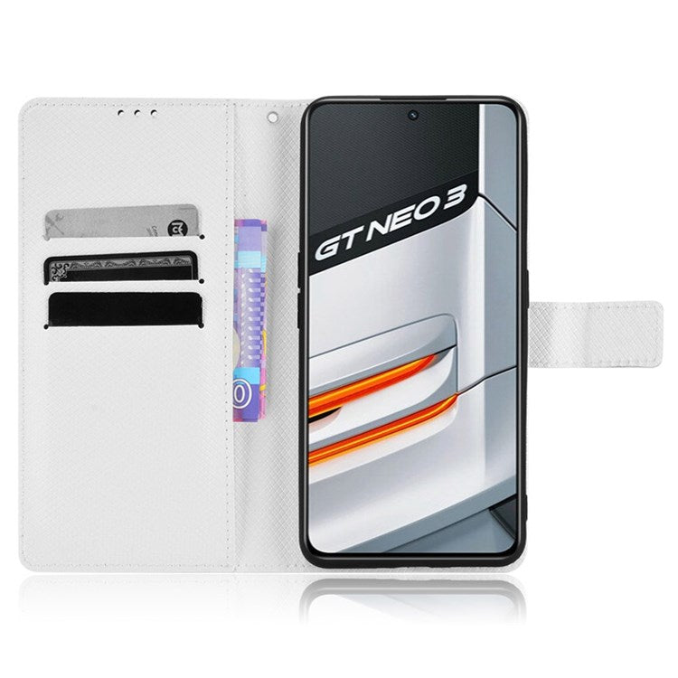 For Realme GT Neo3 Wallet Leather Case Diamond Texture Stand Magnetic Clasp Phone Cover - White