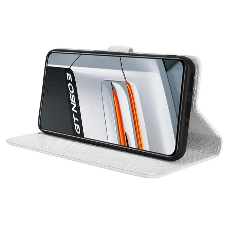 For Realme GT Neo3 Wallet Leather Case Diamond Texture Stand Magnetic Clasp Phone Cover - White