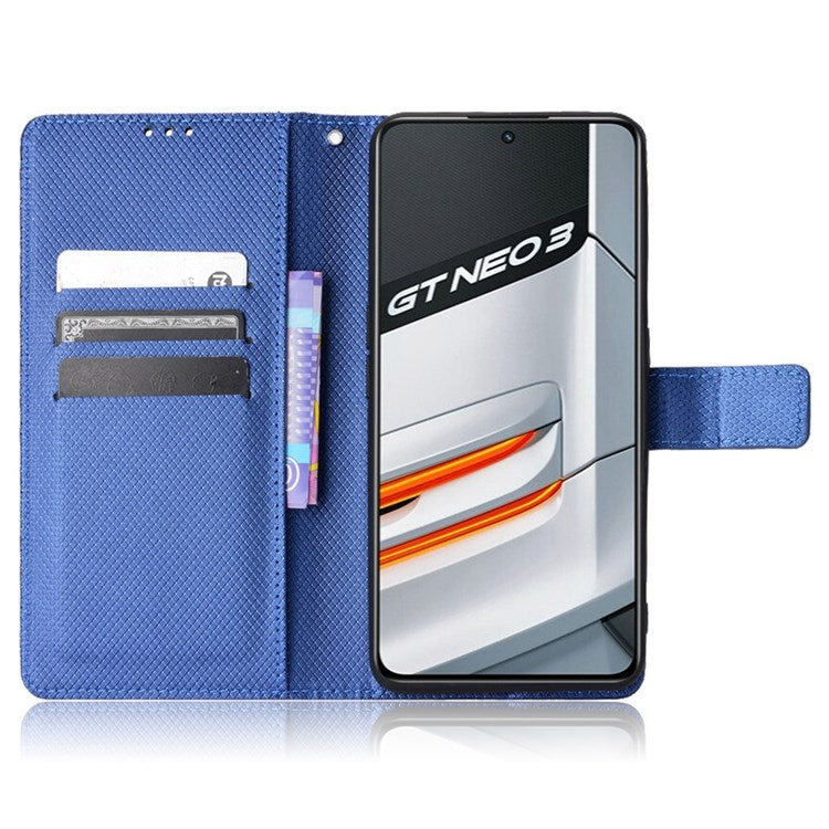 For Realme GT Neo3 Wallet Leather Case Diamond Texture Stand Magnetic Clasp Phone Cover - Blue