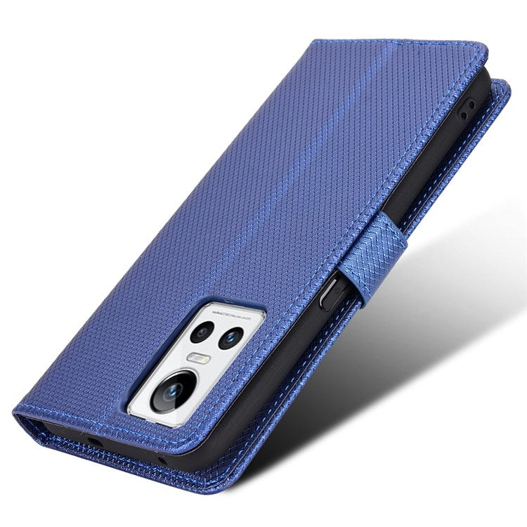 For Realme GT Neo3 Wallet Leather Case Diamond Texture Stand Magnetic Clasp Phone Cover - Blue