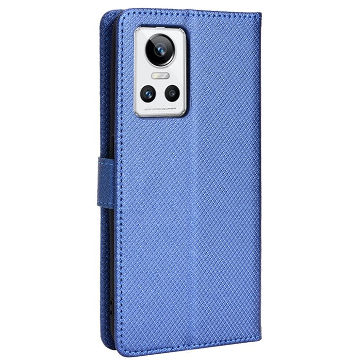 For Realme GT Neo3 Wallet Leather Case Diamond Texture Stand Magnetic Clasp Phone Cover - Blue